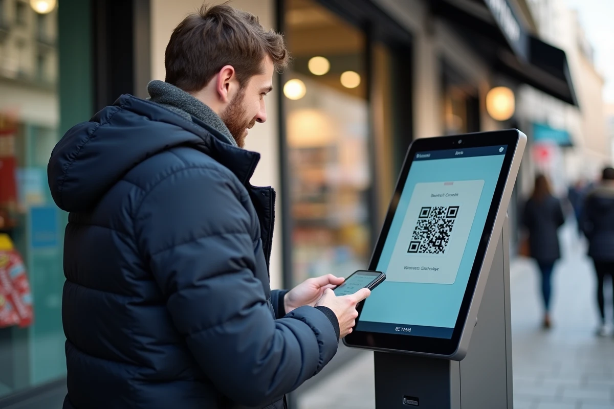 Jeune homme scannant un code QR &agrave; un kiosque en ext&eacute;rieur