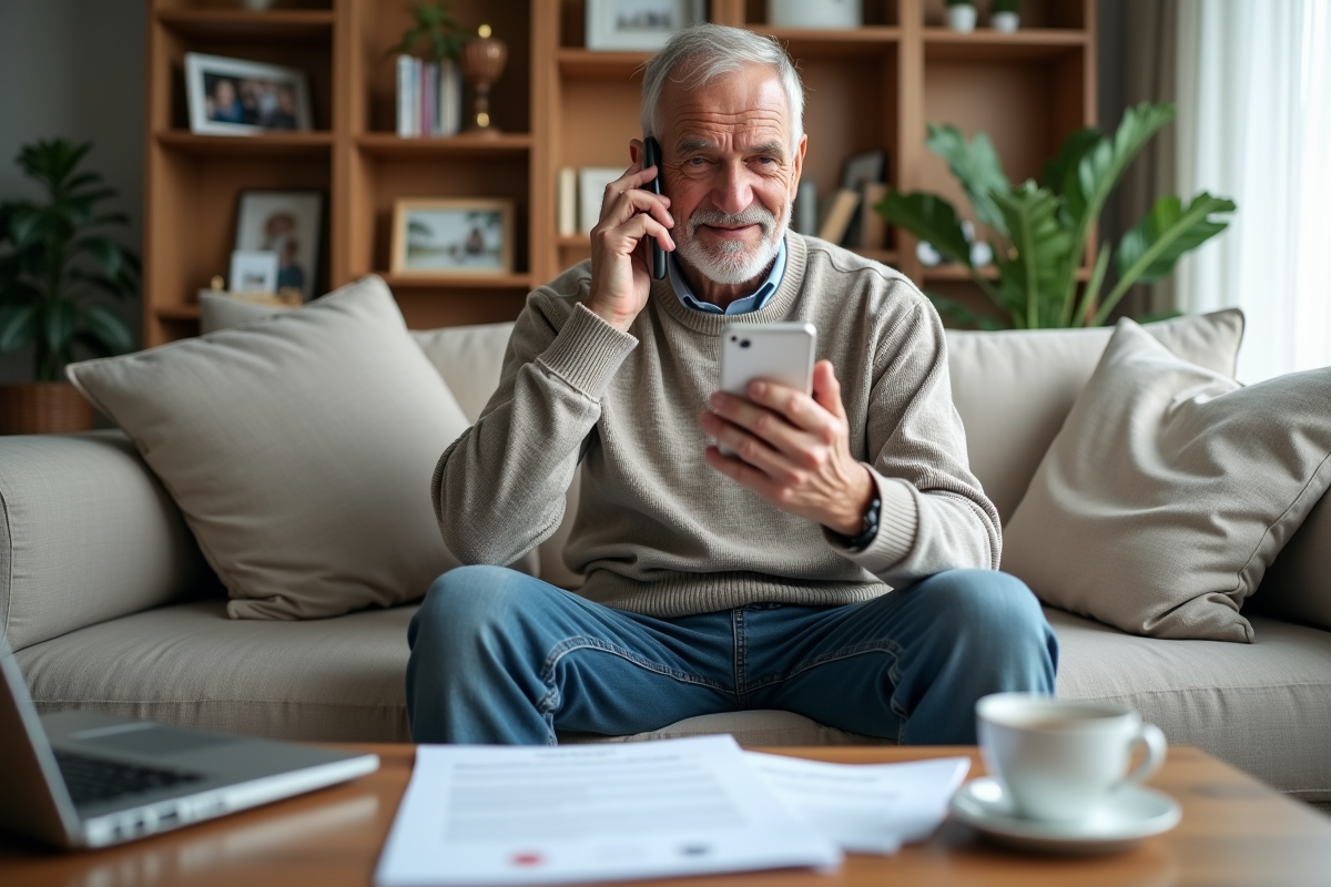 Homme âgé parlant au téléphone dans son salon chaleureux