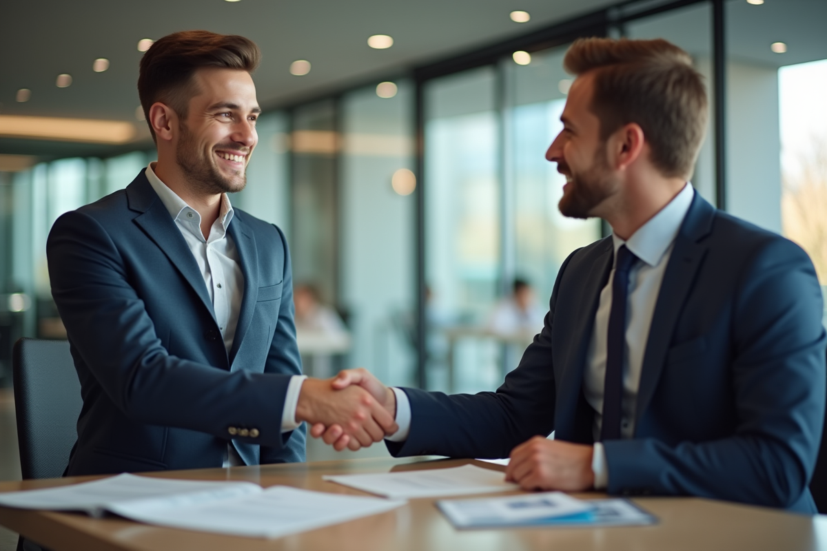 Jeune homme souriant serre la main du banquier dans une agence