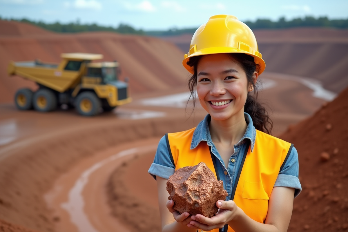 Ingénieure minière tenant un échantillon de cuivre brut en extérieur