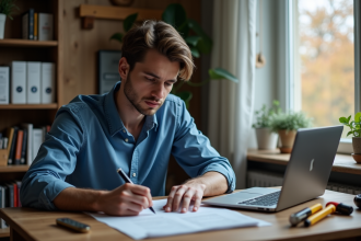 Jeune apprenti lisant un formulaire de pret étudiant à son bureau