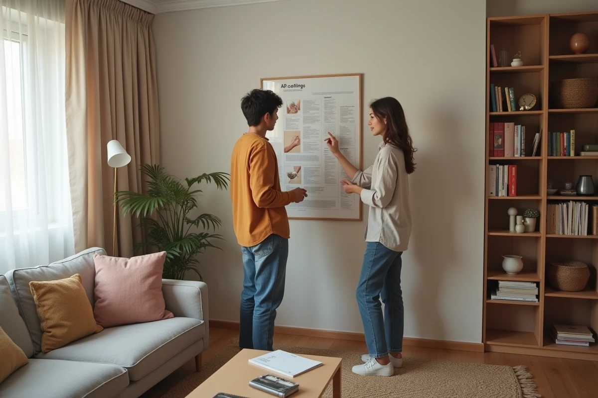 Jeune couple discute devant un tableau dans leur salon modeste