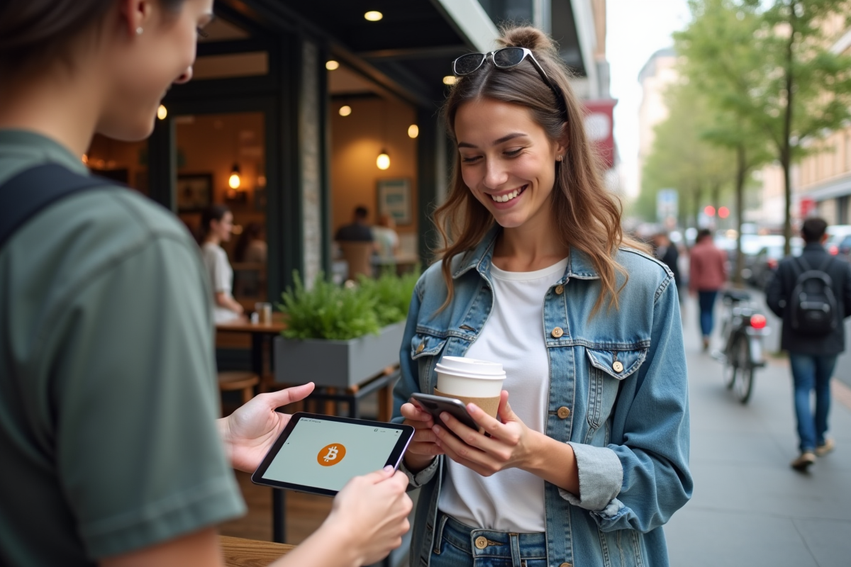 Jeune femme achetant un café avec Bitcoin en extérieur