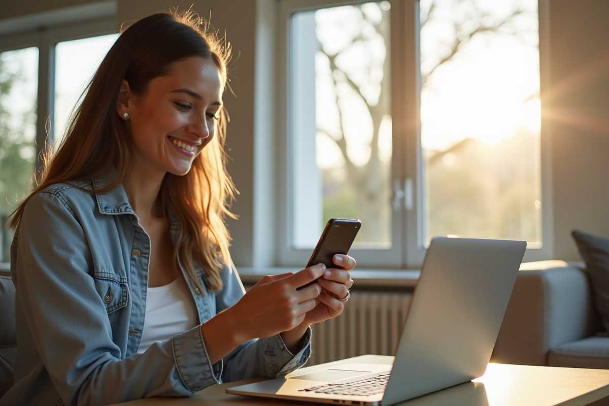 Jeune femme souriante vérifiant aide financière sur smartphone
