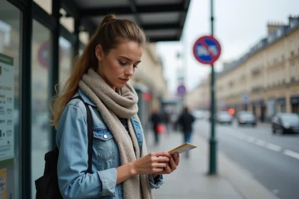 Jeune femme en denim au arrêt de bus parisien