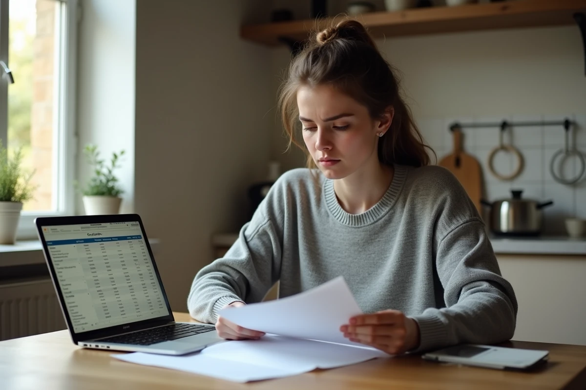 Jeune femme consultant des documents budgétaires sur la prime d'activité dans sa cuisine