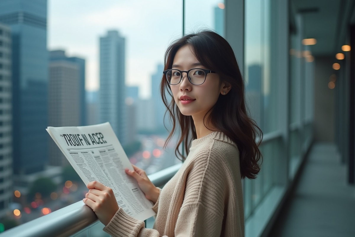Jeune femme regardant la ville depuis un balcon avec un journal