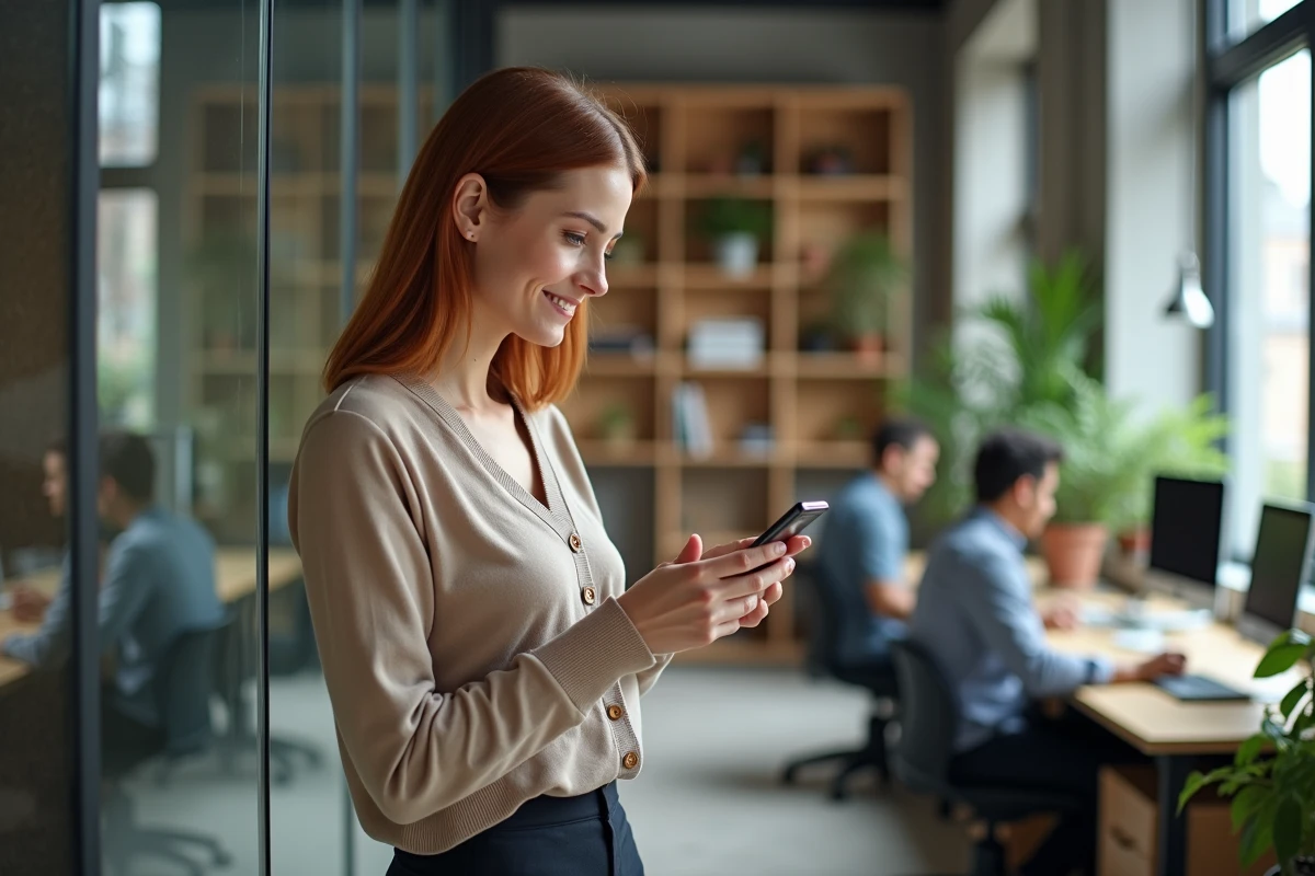 Jeune professionnelle consultant une simulation de salaire net sur smartphone dans un espace de coworking, thème salaire 2200 brut CDI