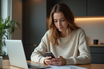 Jeune femme assise &agrave; une table de cuisine v&eacute;rifiant son smartphone