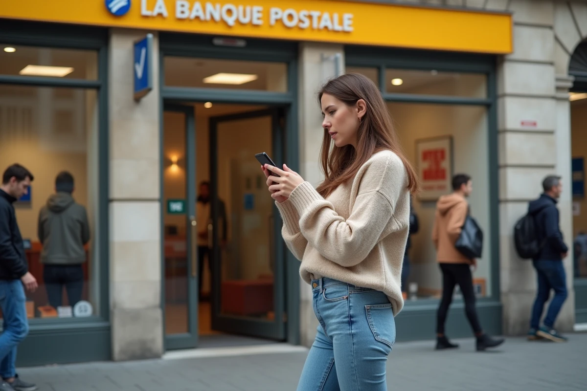 Jeune femme devant une agence bancaire regardant son t&eacute;l&eacute;phone