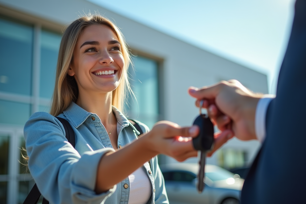 Jeune femme recevant les clés d