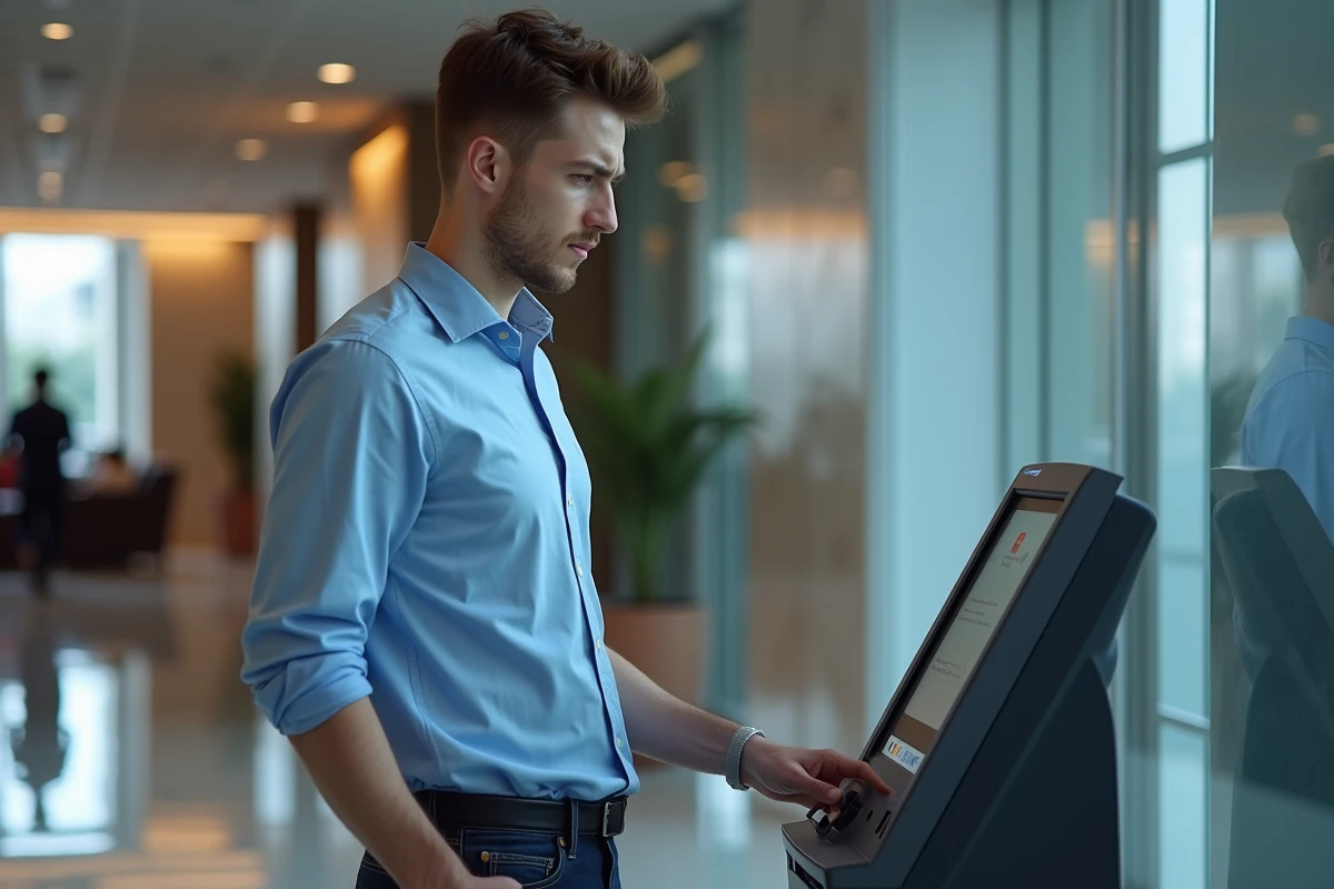 Jeune homme utilisant un terminal bancaire en banque