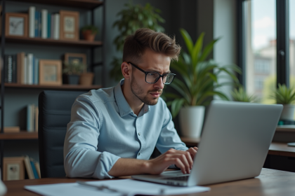 Jeune homme concentré au bureau à domicile