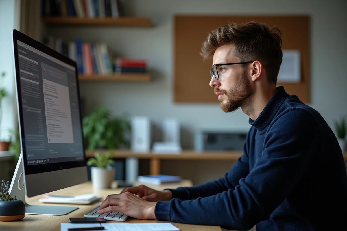 Jeune homme concentré travaillant sur son ordinateur dans un bureau