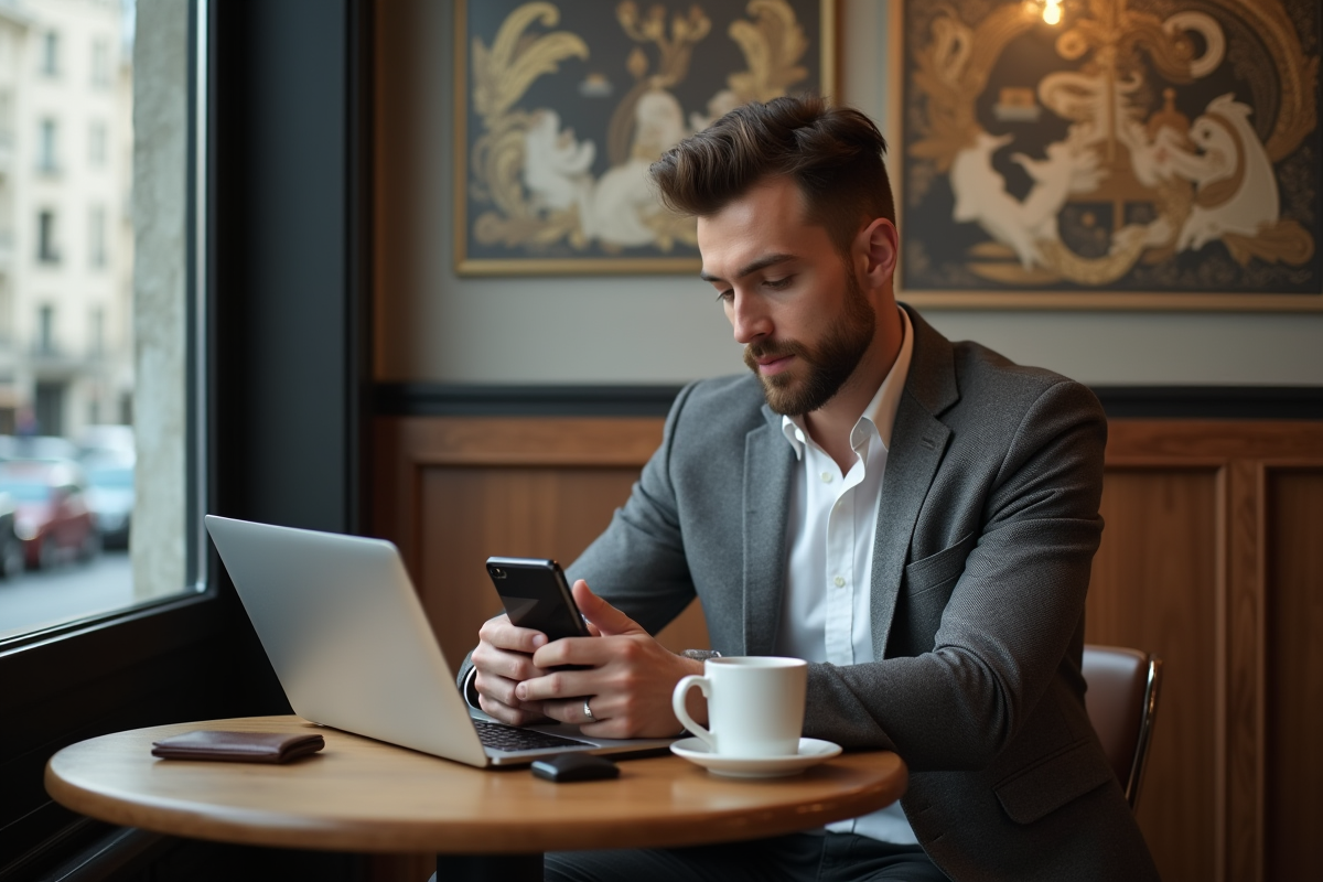 Jeune homme vérifiant une notification de remboursement au cafe