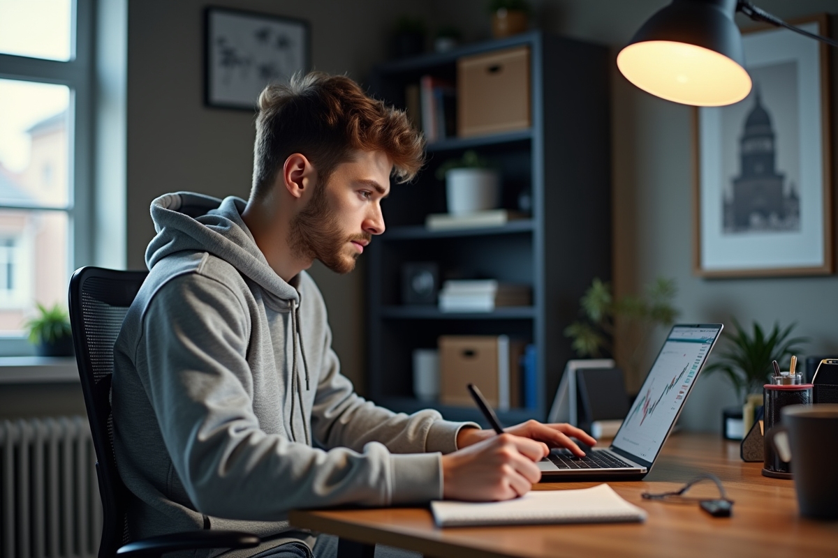 Jeune homme regardant des graphiques Ethereum sur son ordinateur