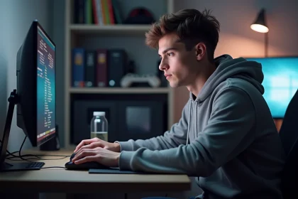 Jeune homme concentr&eacute; sur son ordinateur &agrave; la maison