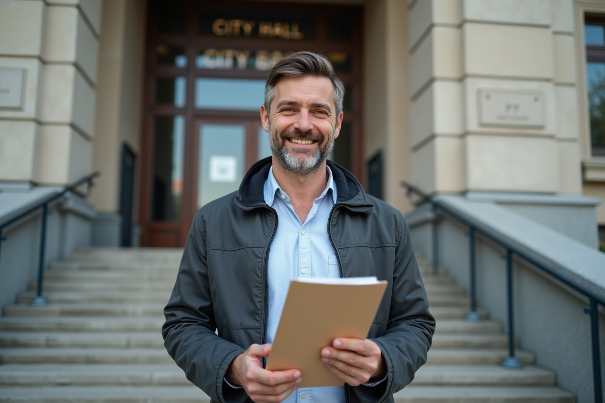 Jeune homme souriant devant la mairie en milieu urbain