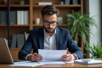 Jeune homme en costume bleu examine un contrat hypothécaire
