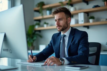 Jeune homme en costume dans un bureau fintech moderne