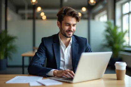Jeune homme en costume navy dans un espace de coworking