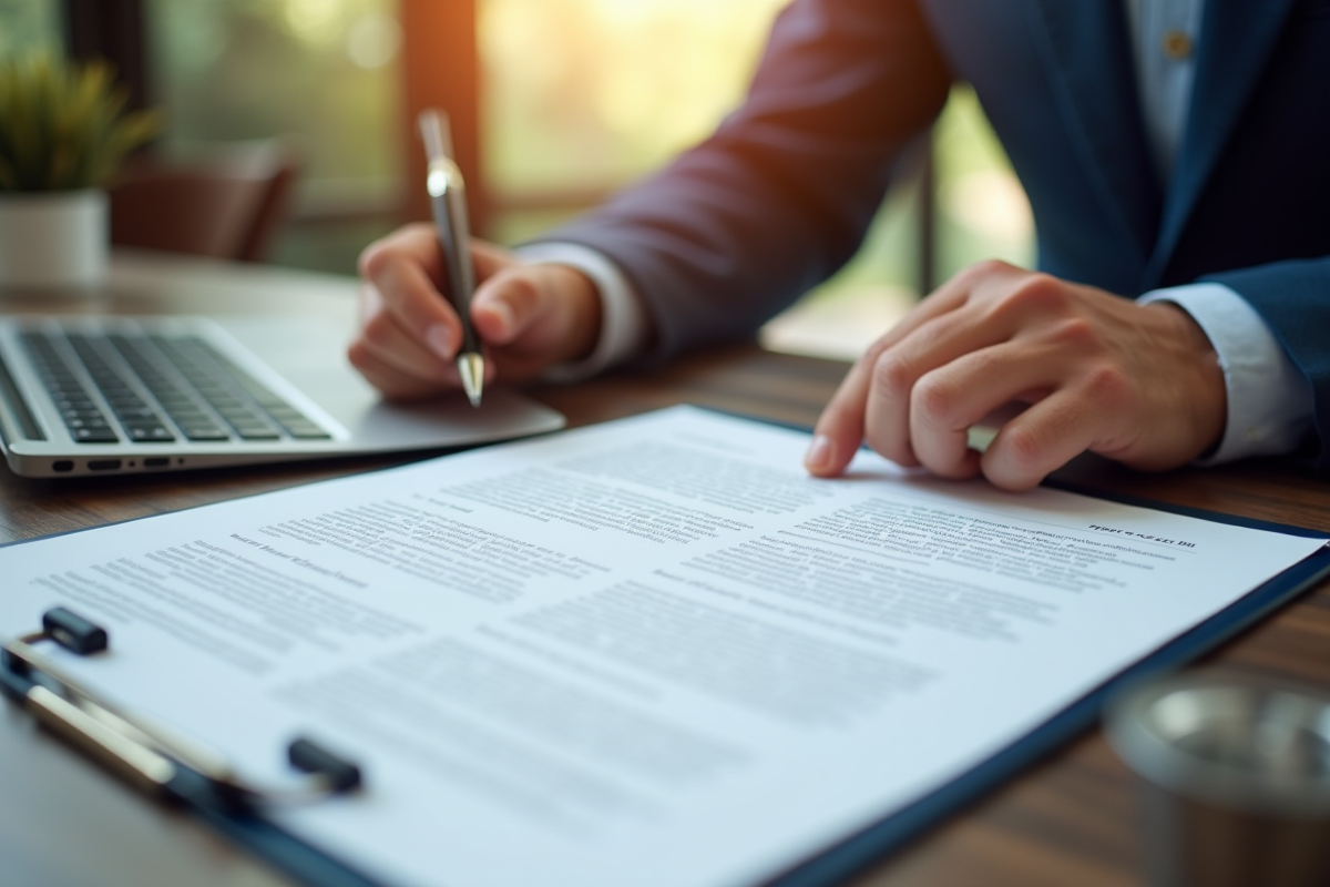 Mains examinant un contrat sur un clipboard dans un bureau lumineux