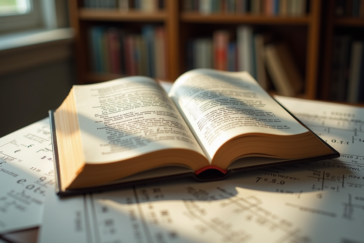 Livre ouvert avec constantes mathématiques mises en valeur dans une bibliothèque moderne
