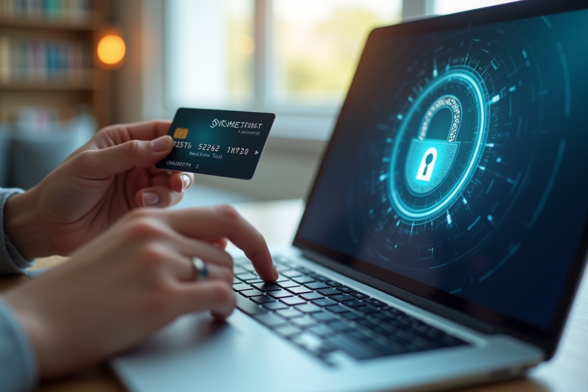 Mains tenant une carte bancaire sécurisée avec un ordinateur portable