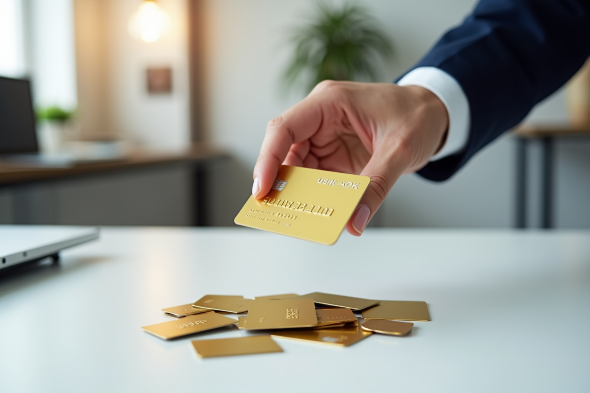 Main professionnelle tenant une carte de crédit platinum brillante sur un bureau blanc