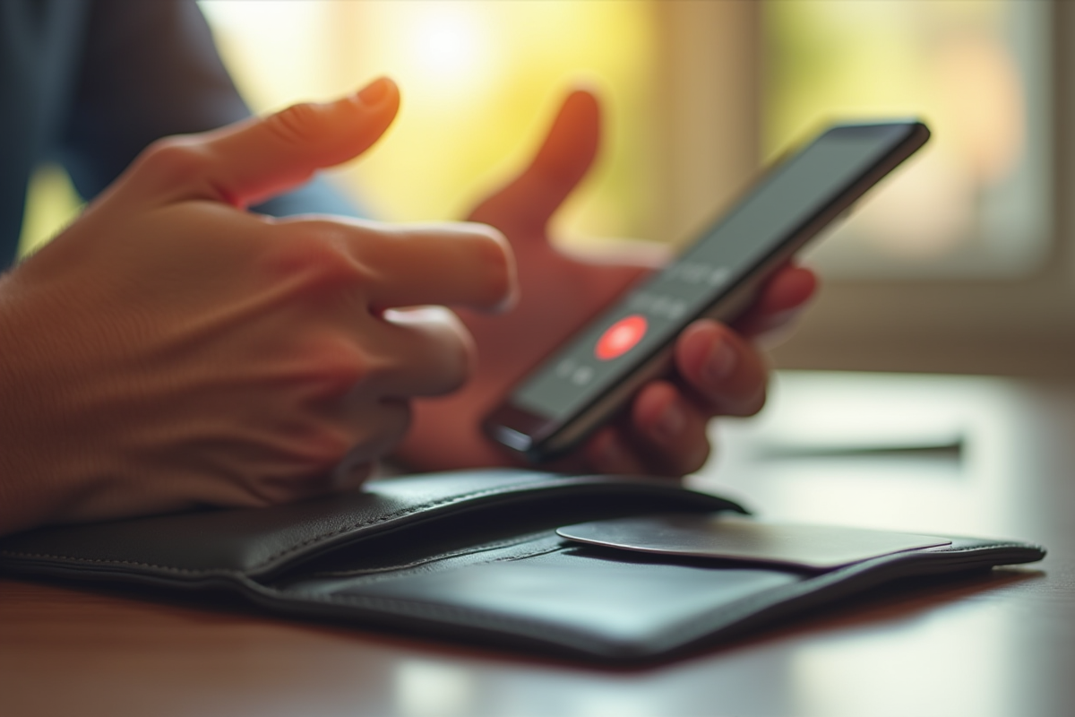 Main composant un numéro sur un smartphone avec portefeuille ouvert