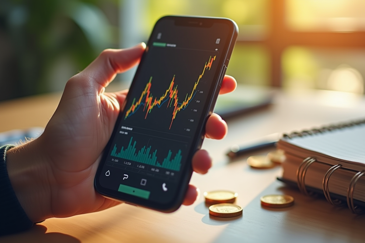 Main tenant un smartphone avec graphique boursier en hausse