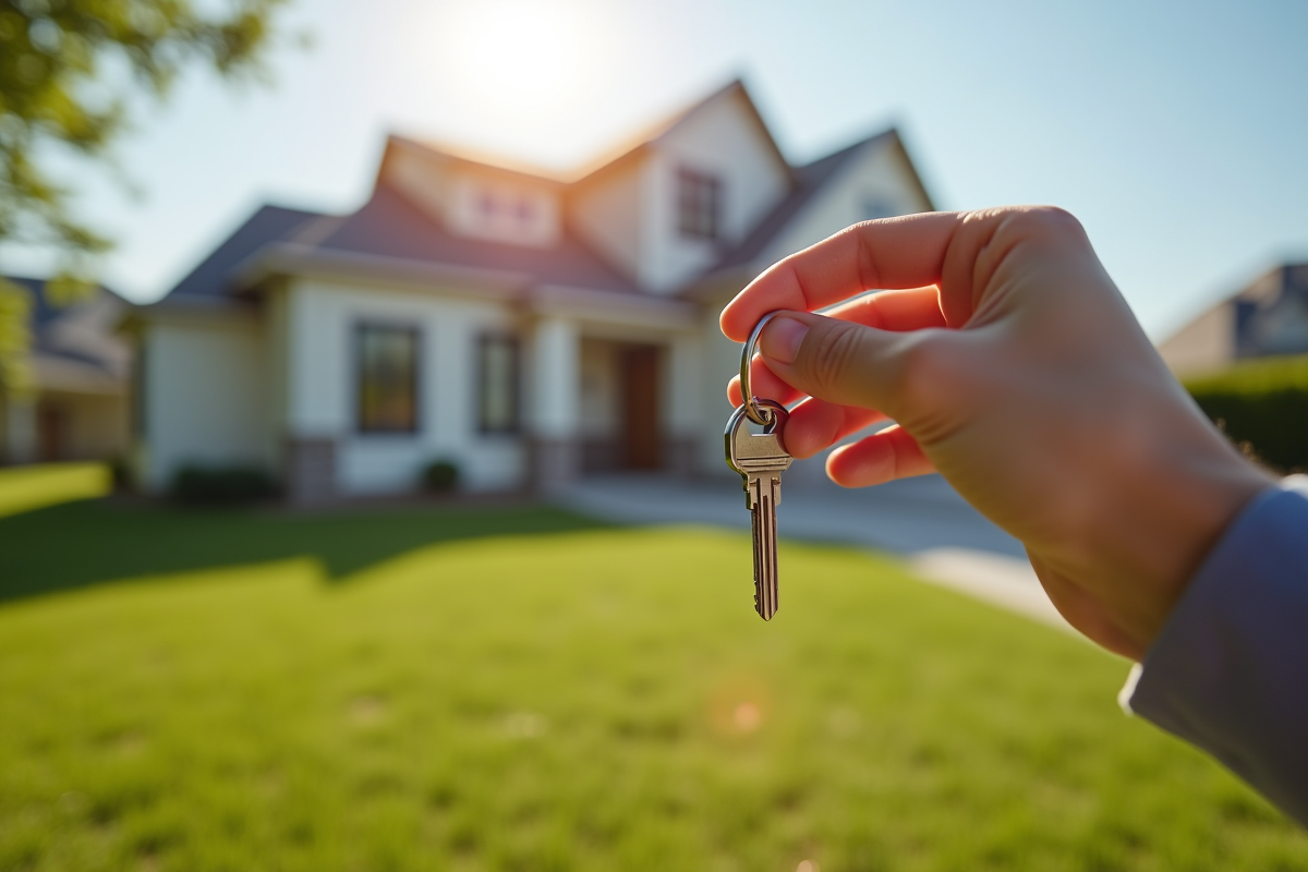 Main tenant des clés devant une maison moderne et accueillante