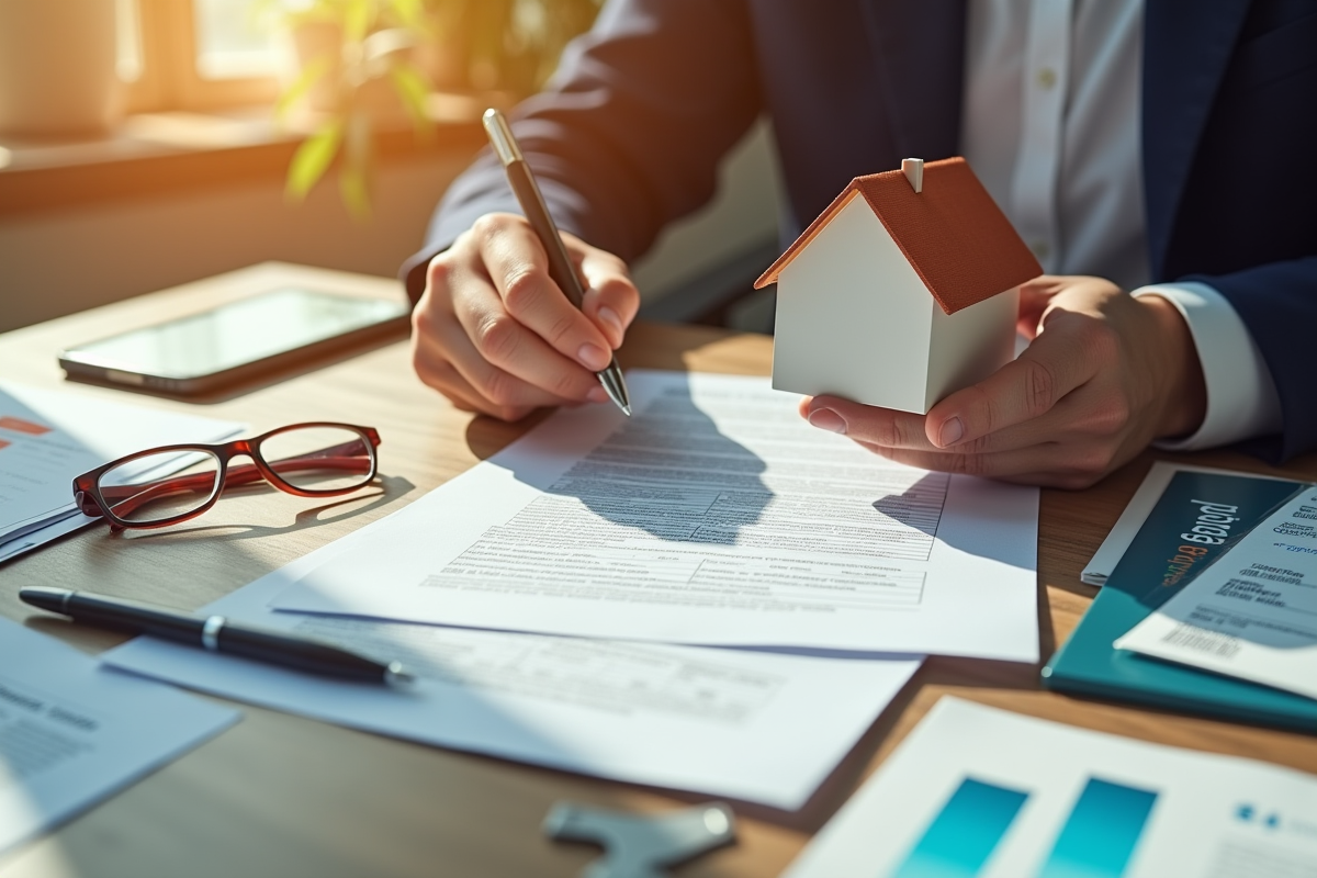 Mains tenant une maquette de maison et un contrat de prêt avec passeports sur une table ensoleillée
