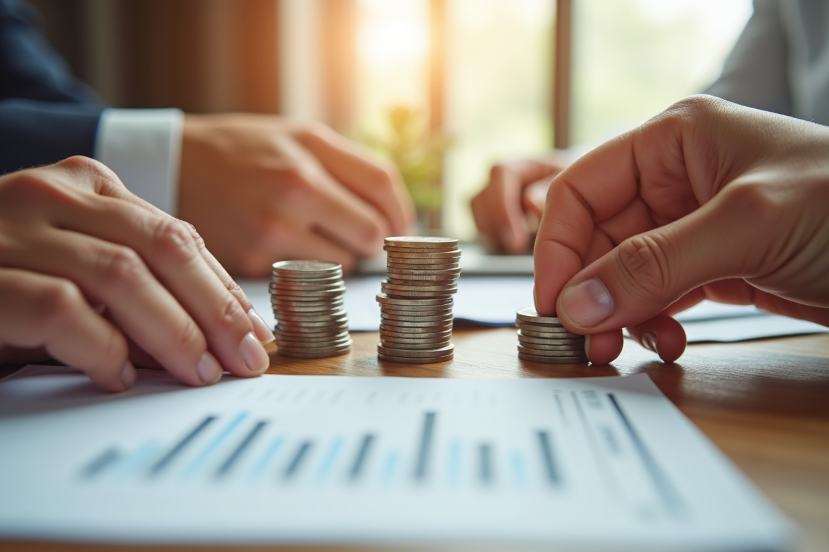 Mains empilant des pièces et papiers pour la pension en effort collectif