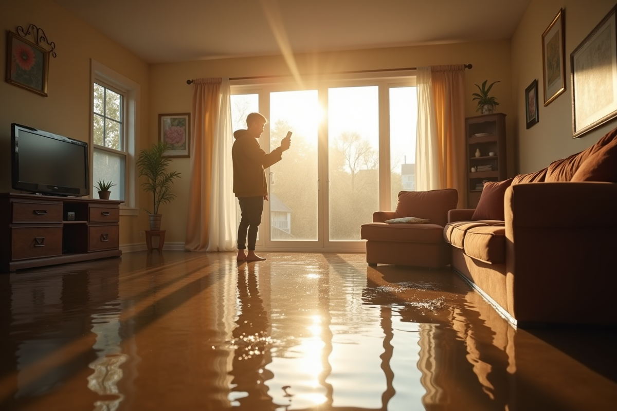 Intérieur inondé avec un propriétaire photographiant les dégâts