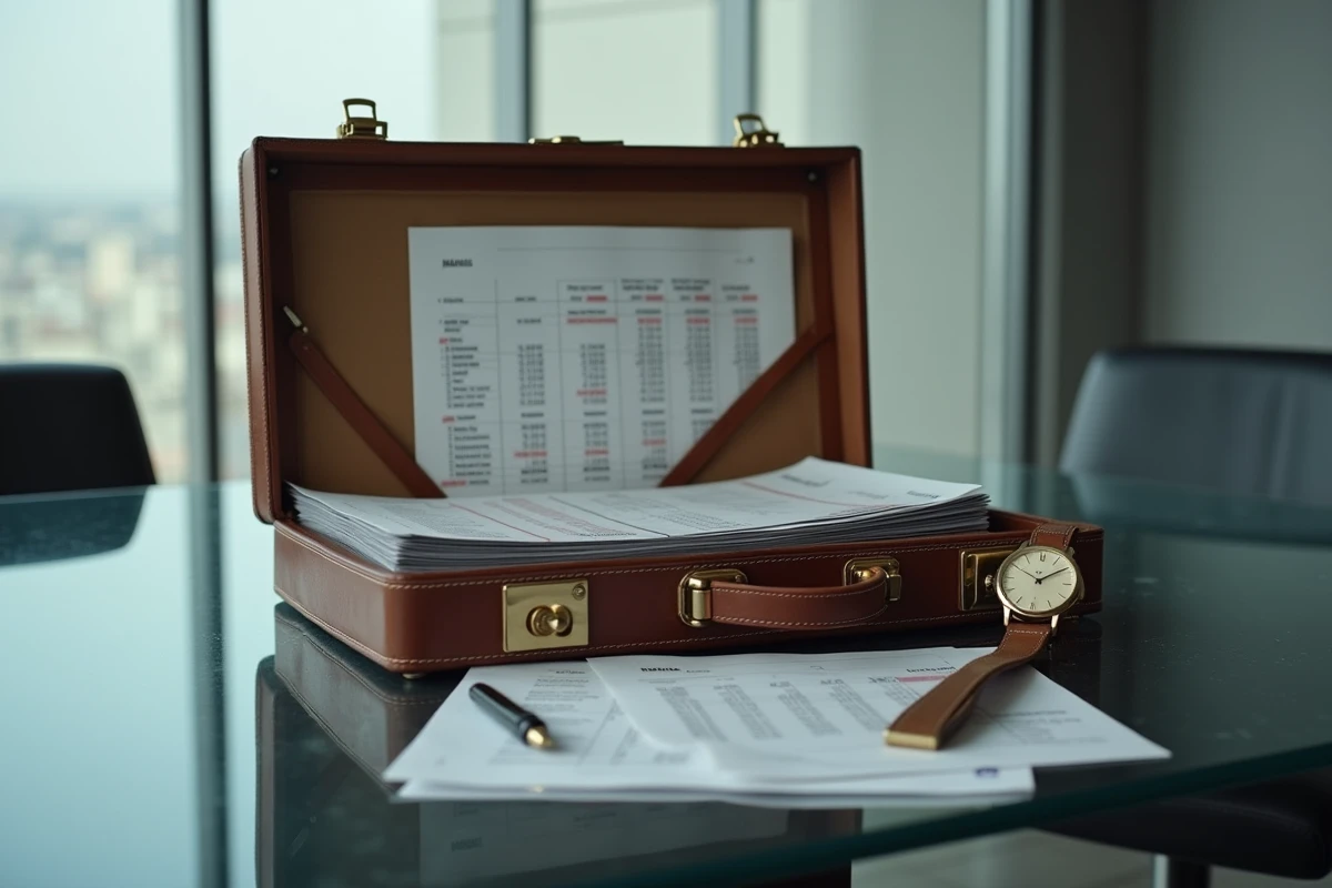 Mallette en cuir ouverte avec documents financiers et montre de luxe sur table de réunion