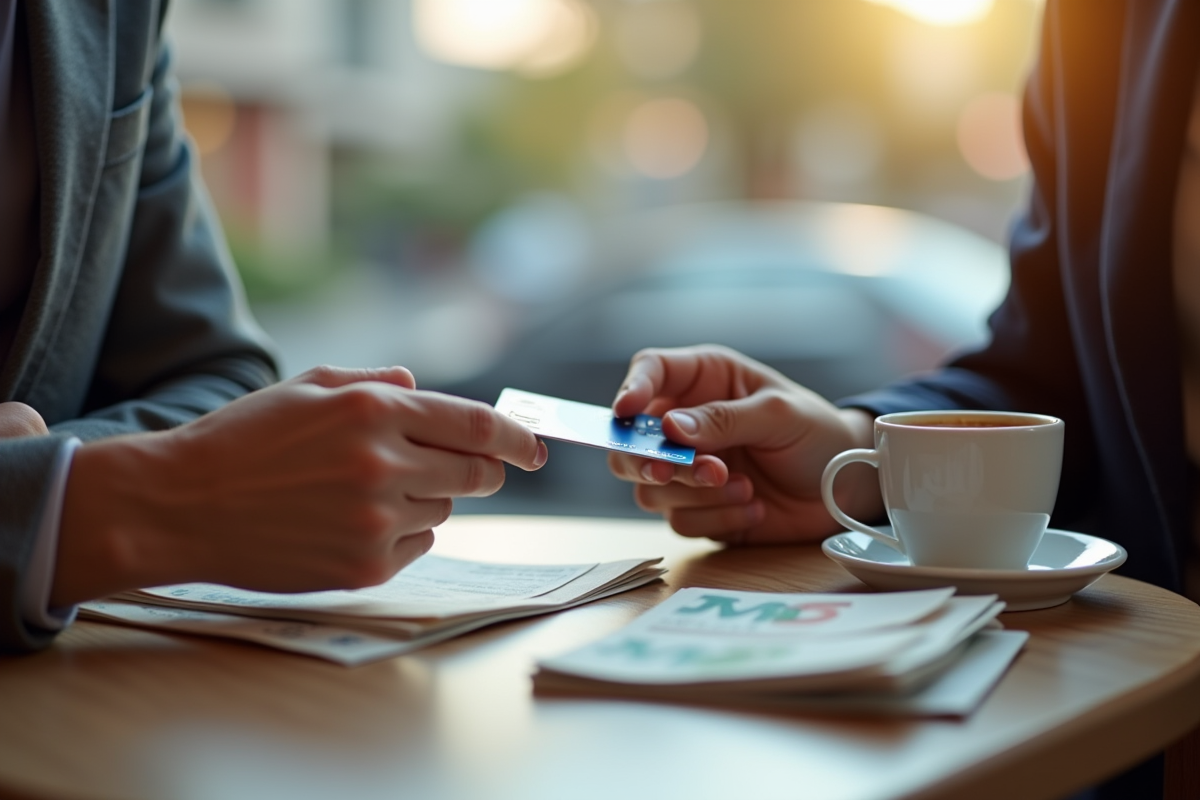 Gros plan sur mains utilisant une carte sans contact pour payer dans un café en ville