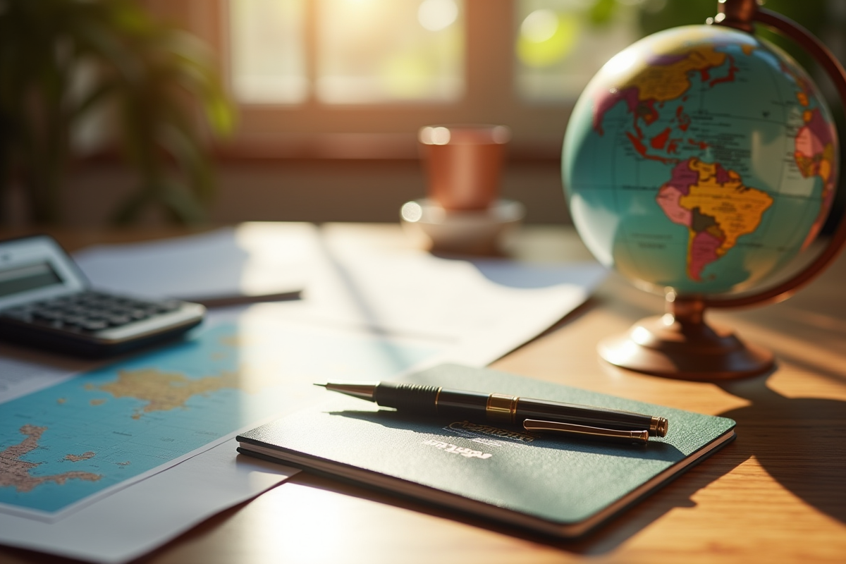 Passeport globe et papiers sur bureau ensoleille