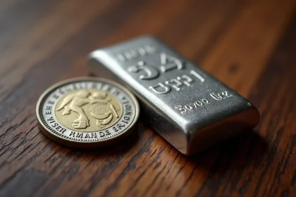 Pièce de 50 francs argent 1977 posée à côté d'un petit lingot d'argent moderne sur une surface en bois sombre