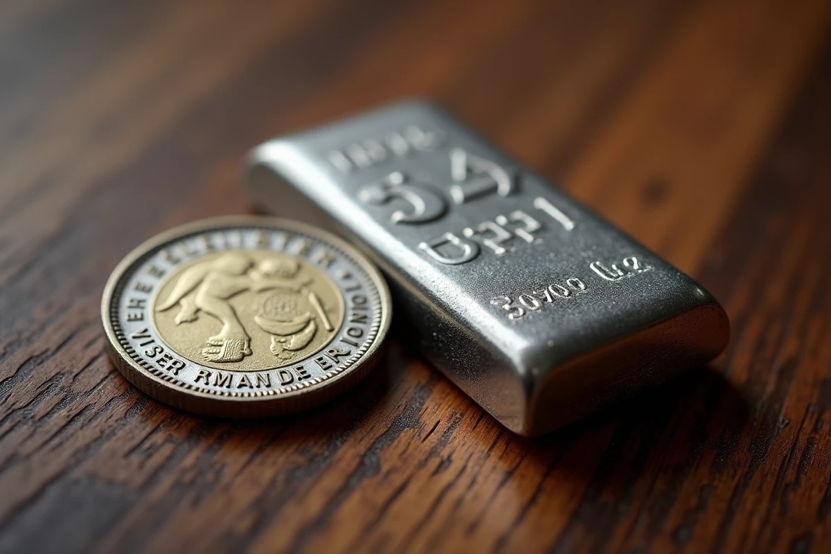 Pièce de 50 francs argent 1977 posée à côté d'un petit lingot d'argent moderne sur une surface en bois sombre