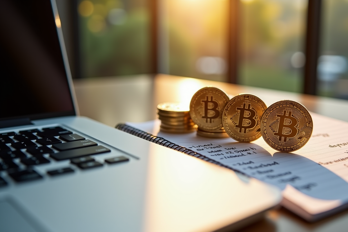 Pièces de crypto avec ordinateur portable et notes de retrait
