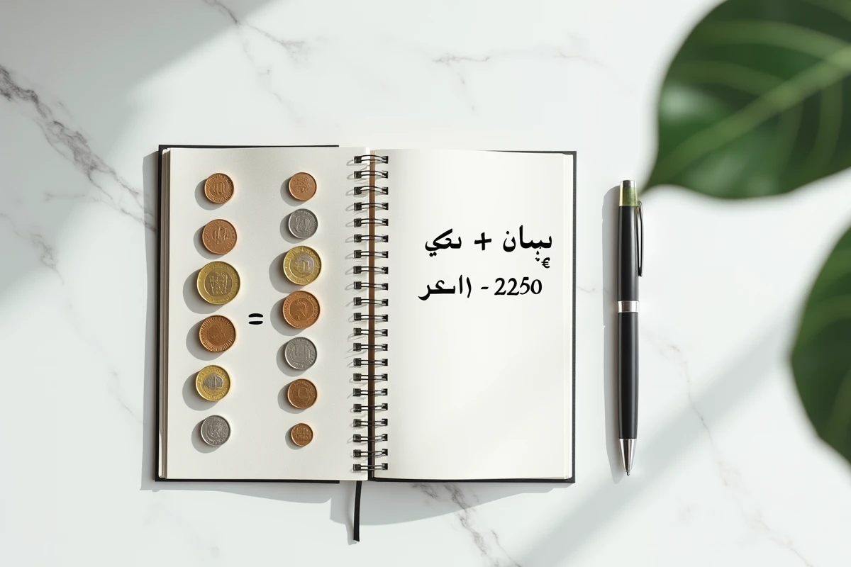 Pièces de dirhams marocains et d'euros côte à côte avec un carnet de calcul de conversion de devises