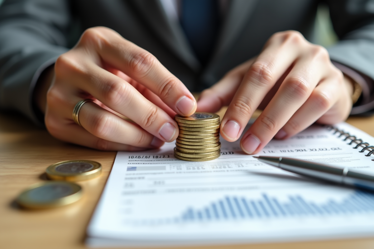 Mains empilant des pièces d euro avec un relevé boursier français