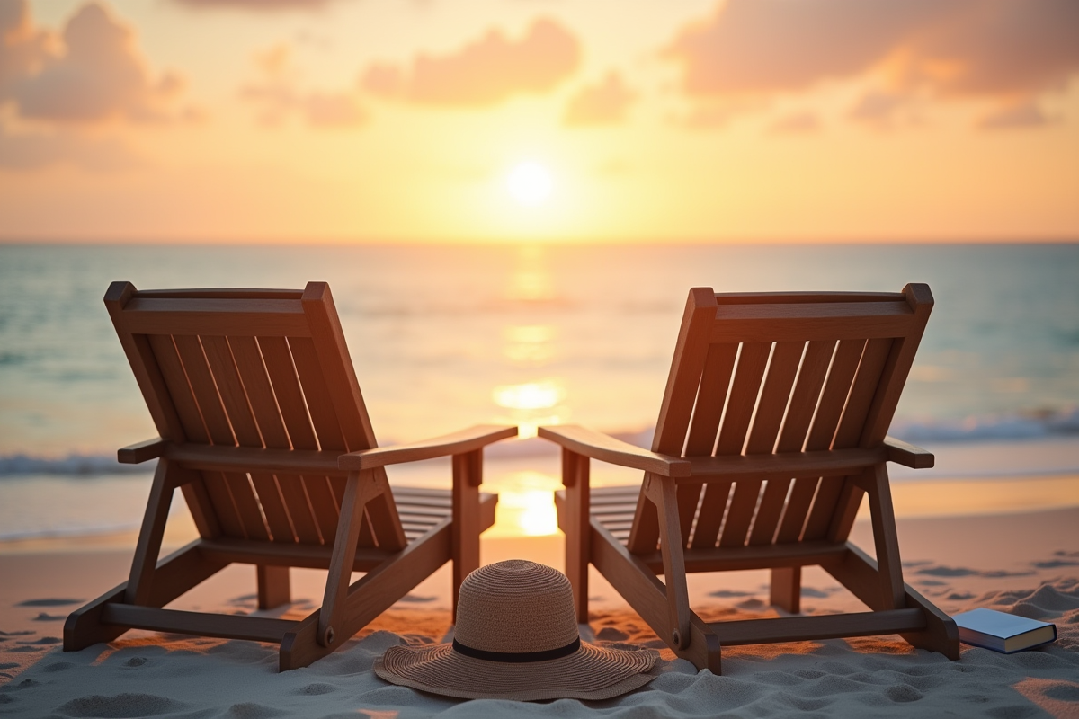 Chaises longues face à la mer au lever du soleil