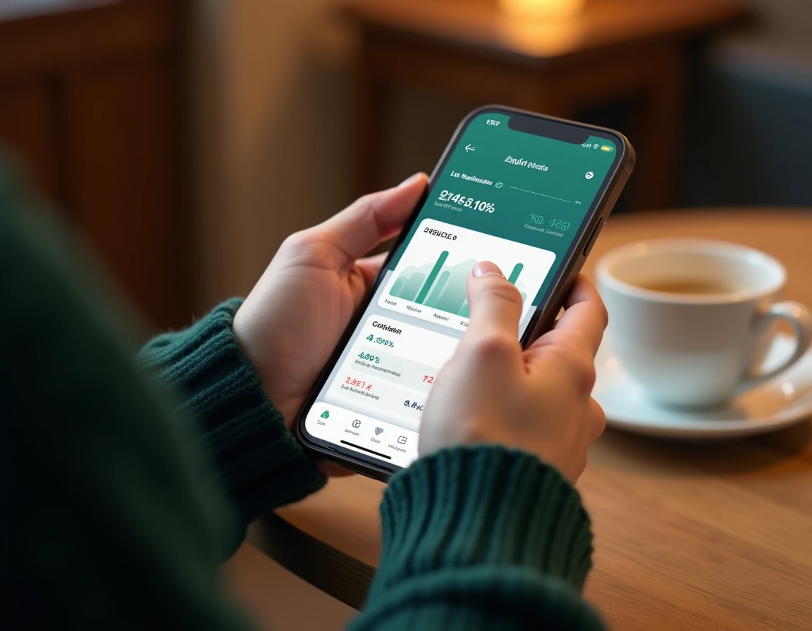 Gros plan sur un smartphone affichant l'outil pointer mes comptes CMB dans un café chaleureux