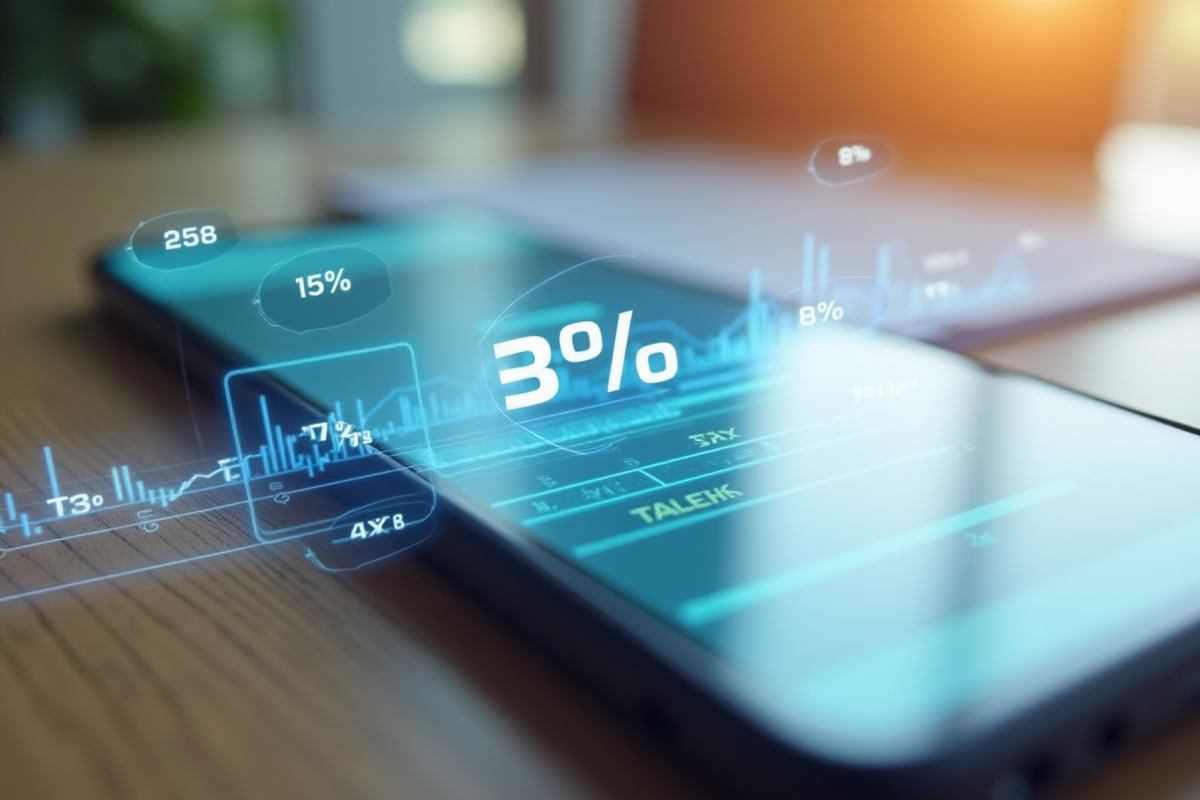 Interface portefeuille numérique sur smartphone avec graphiques fiscaux