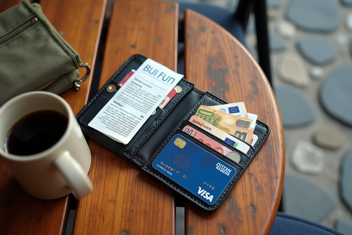 Portefeuille de voyage ouvert avec euros, carte bancaire et reçu de distributeur sur une table de café en Grèce