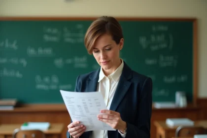 Professeure agrégée tenant sa fiche de paie devant un tableau de lycée, illustrant la rémunération des enseignants certifiés et agrégés