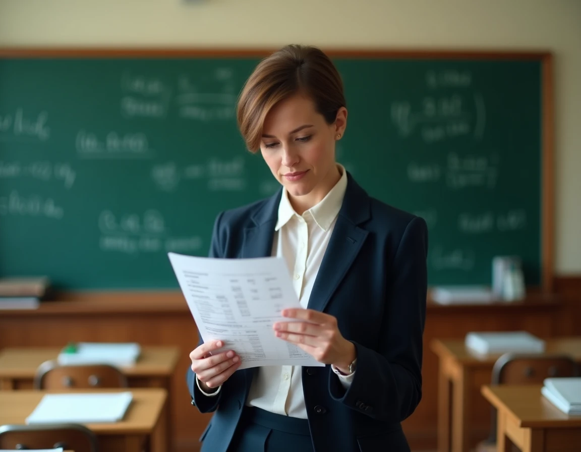 Professeure agrégée tenant sa fiche de paie devant un tableau de lycée, illustrant la rémunération des enseignants certifiés et agrégés