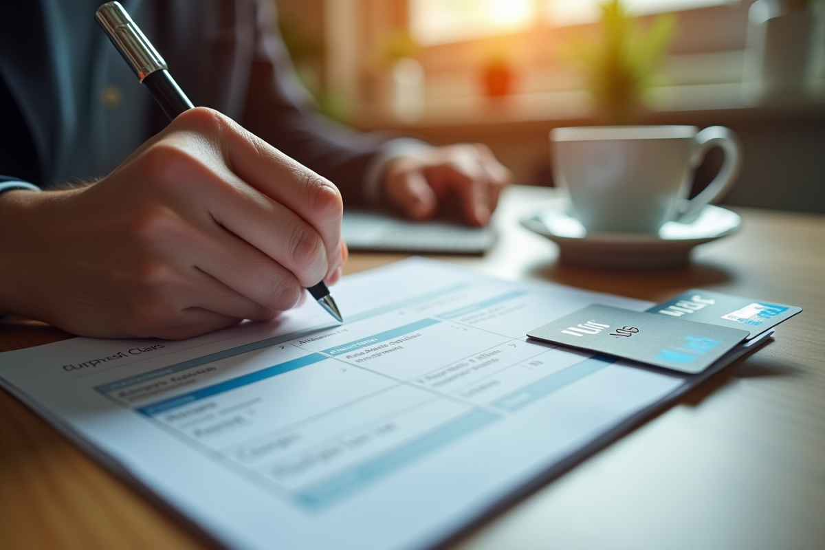 Mains remplissant un formulaire de visa avec carte N26 et café dans un bureau organisé